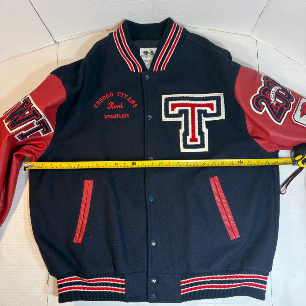 Letterman Jacket 3XL Leather wool Varsity Y2K Patch authentic red blue Wrestling - Picture 5 of 16